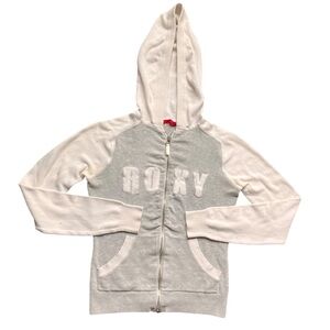 VTG Roxy Womens Sweater Hoodie Size S Ramie Y2K Spellout Full Zip Beach Casual